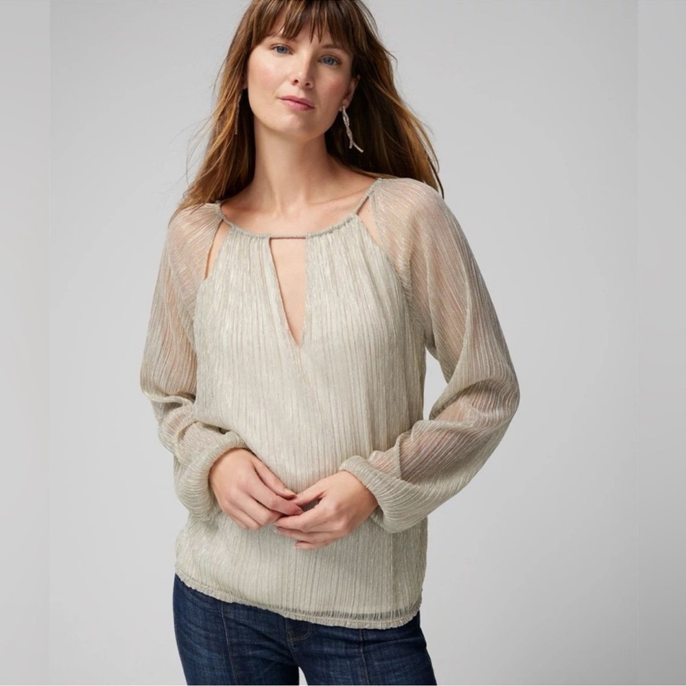 NWT White House Black Market Crinkle Top Ecru/Gold/Silver Balloon Long Sleeve L - Picture 3 of 11